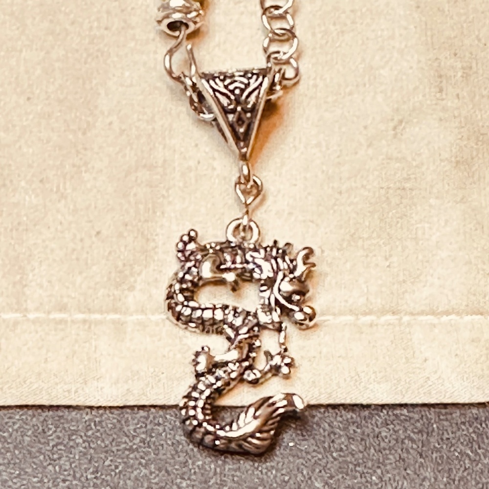 Stainless Steel Chain & Clasp Dragon Charm Serpentine White Jade & Larvakite